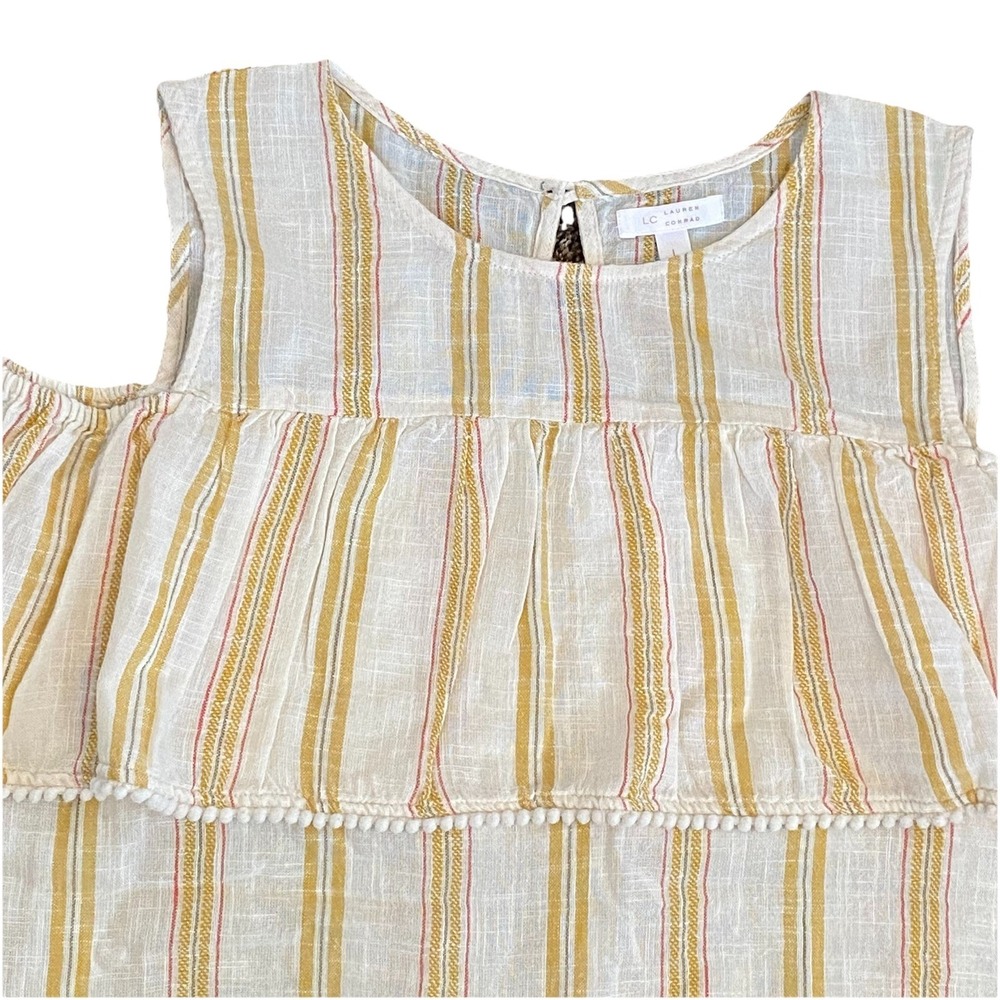 Lauren Conrad Women L Top Cold Shoulder 100% Cotton Striped Beige Pom-Pom Trim - Picture 2 of 7
